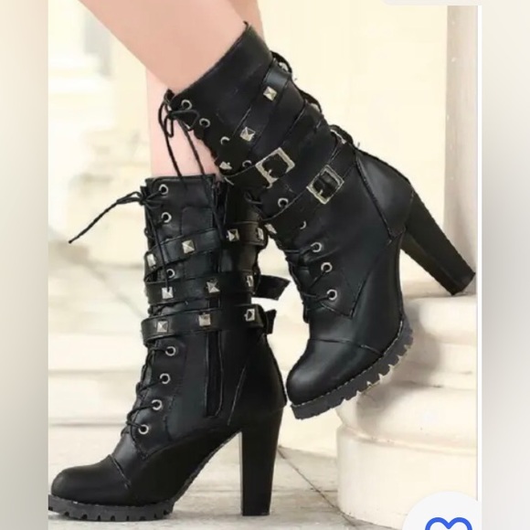 Furcross: Women Calf Boots Studded Round Toe Side Zip Up Thick Heels Punk Gothic - Picture 3 of 16